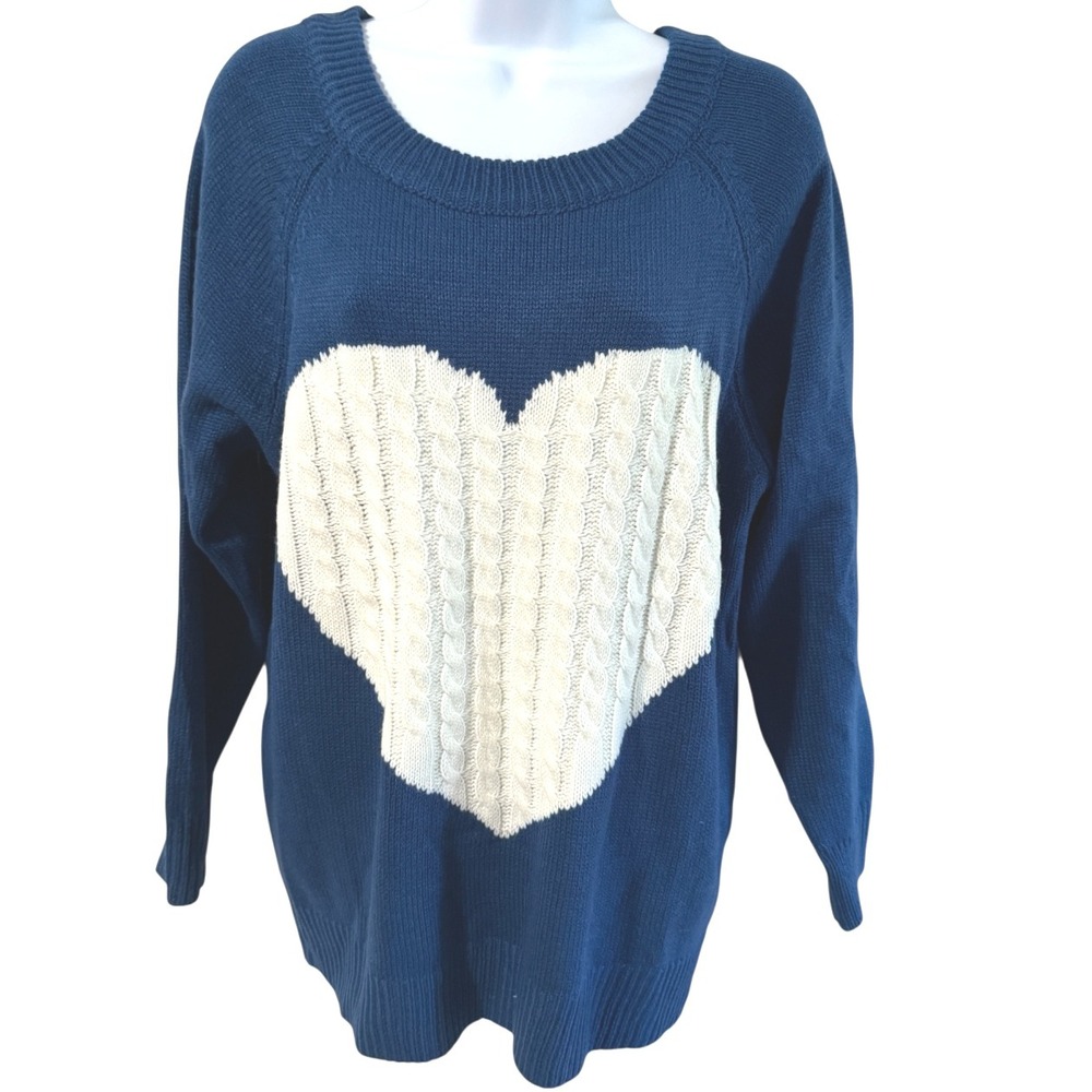 Heart Cable Knit Sweater Women XL Blue Cream Long Sleeve Excellent Heart Design